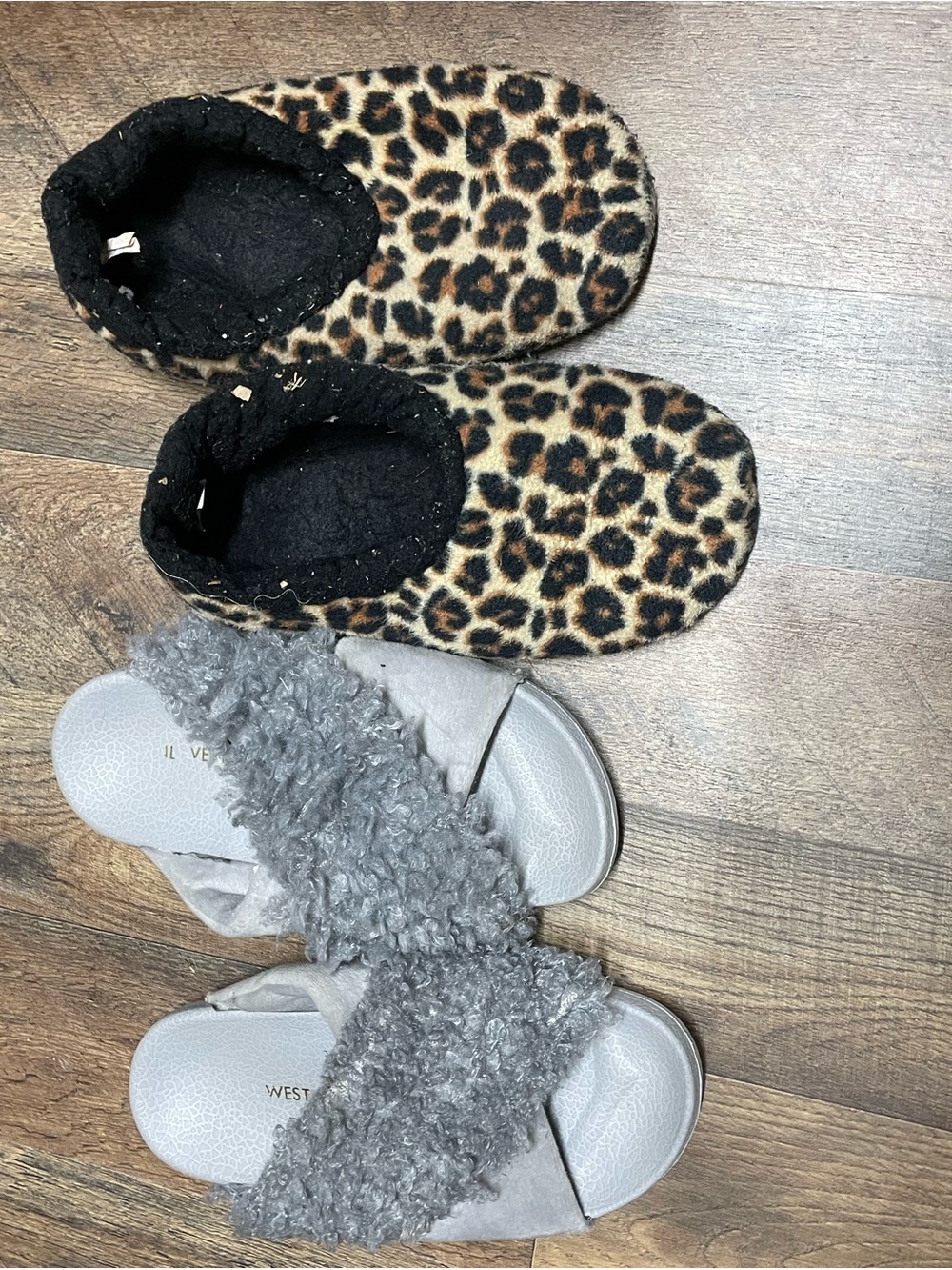 Leopard Print Fuzzy Slippers & Gray Shearling Slide Set